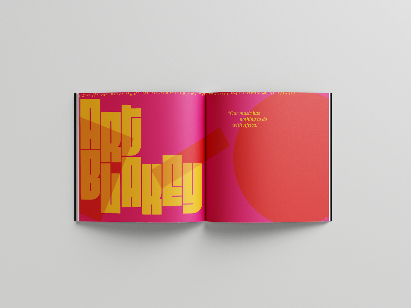 Typographic book spread in pink and yellow reflecting a Jazz influence.