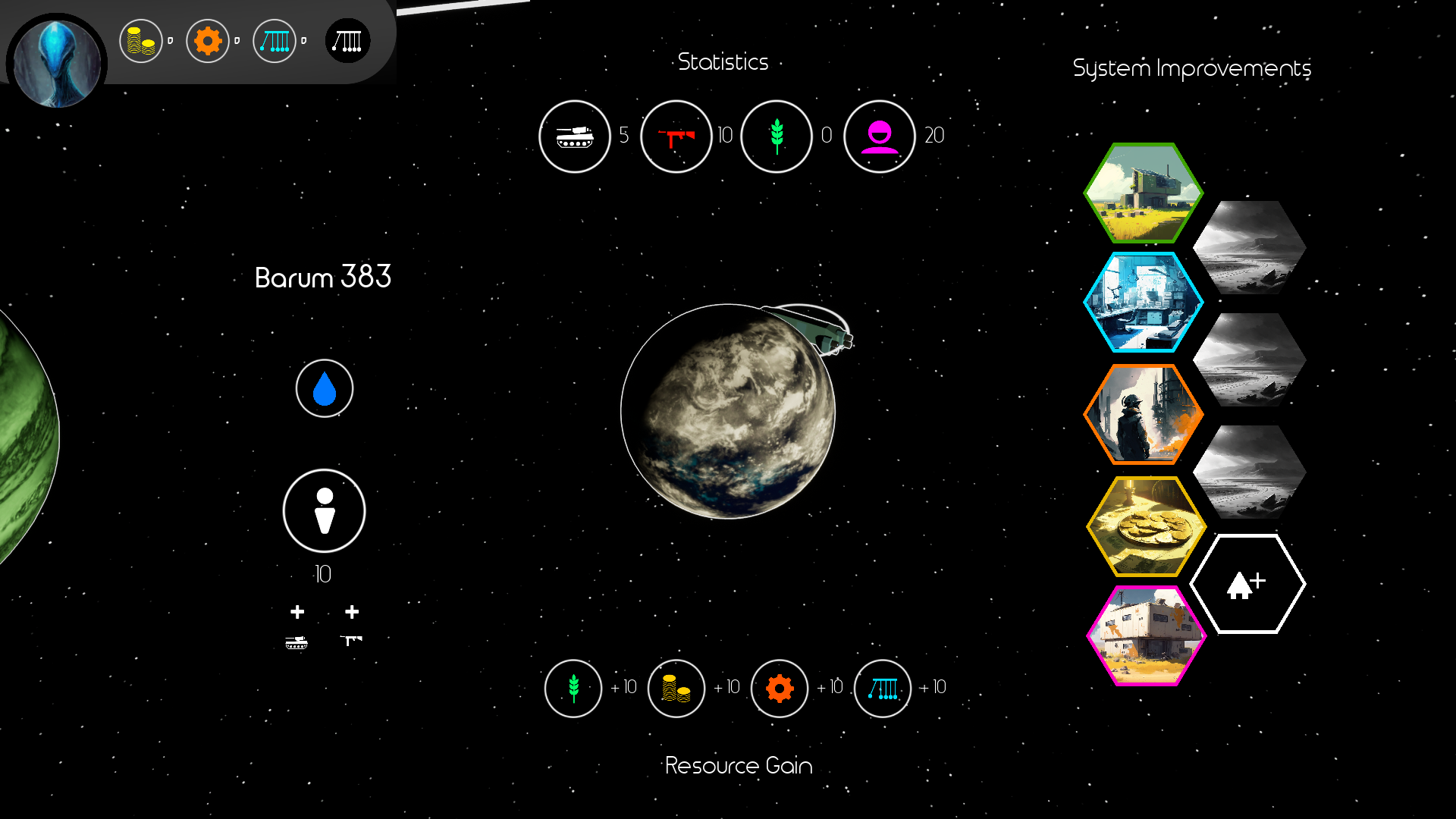 A screenshot depicting a procedurally generated planet from the Sci-Fi 4X game "Barum 383".
