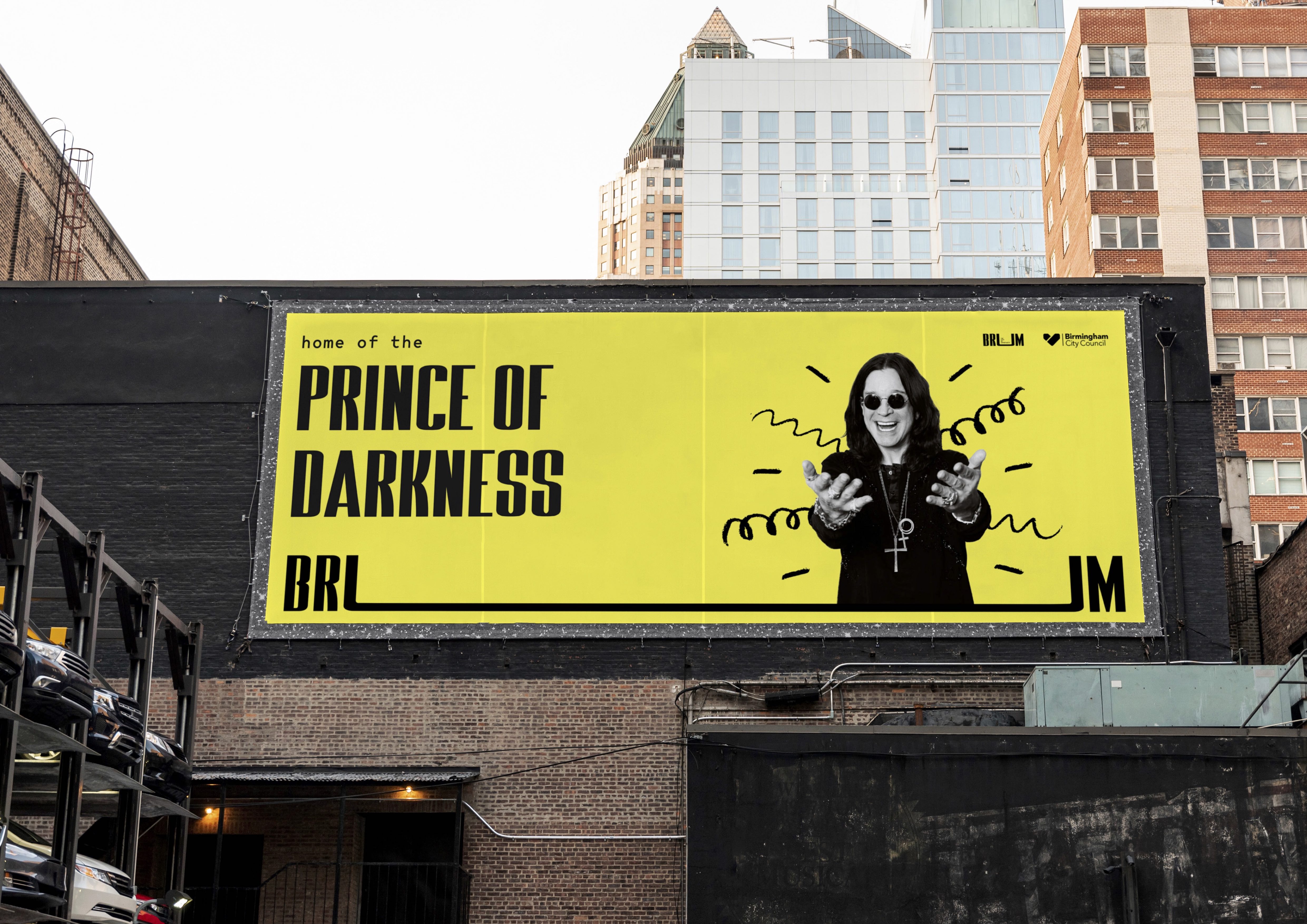 Birmingham billboard by Thea Reeder. The image shows a bold yellow background with an image of Ozzy Osborne. The copy reads "Home of the Prince of Darkness".