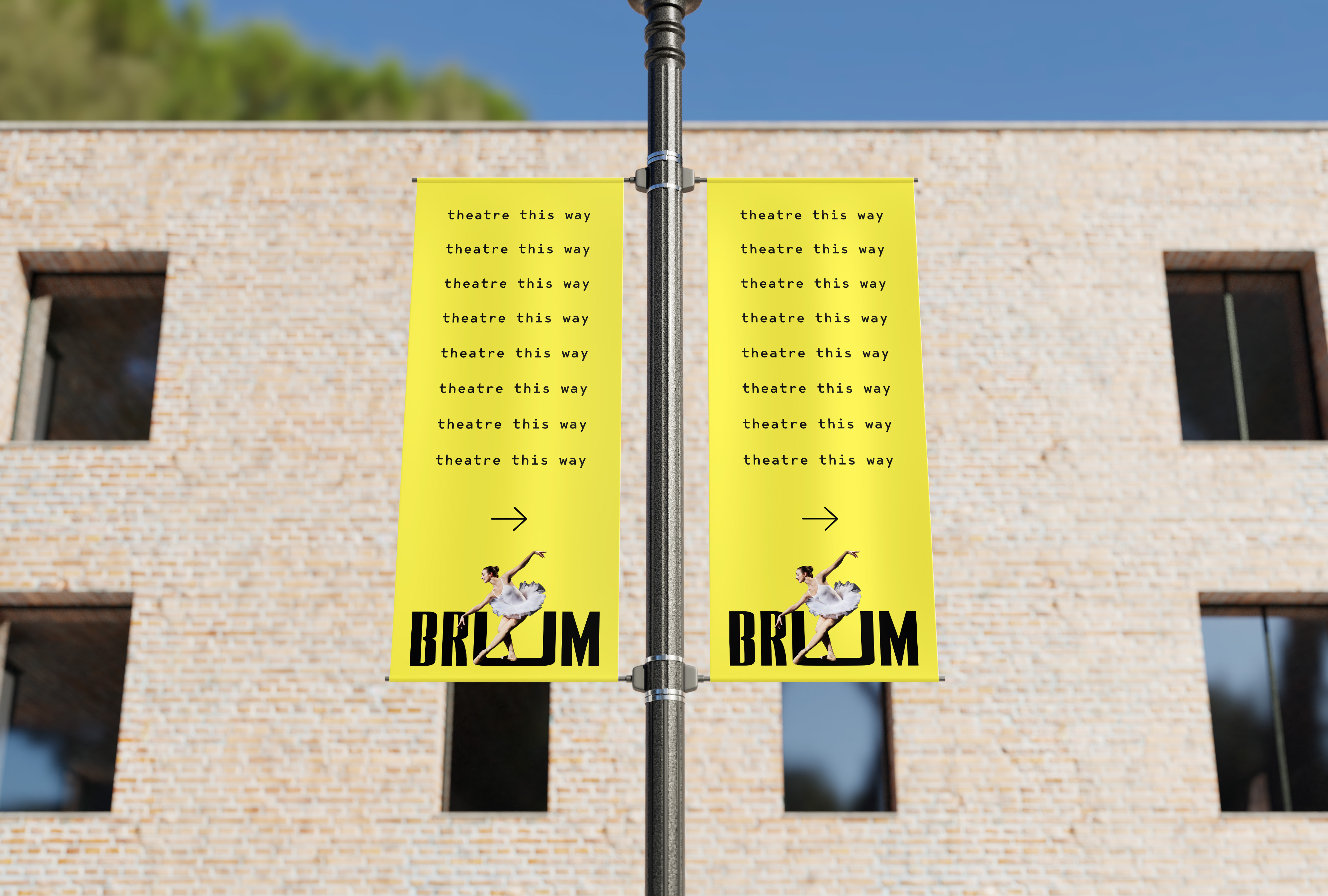 Birmingham way-finding by Thea Reeder. The banner shows a bold yellow background with repeating text "theatre this way". An image of a ballerina is present, fitting into the logo.