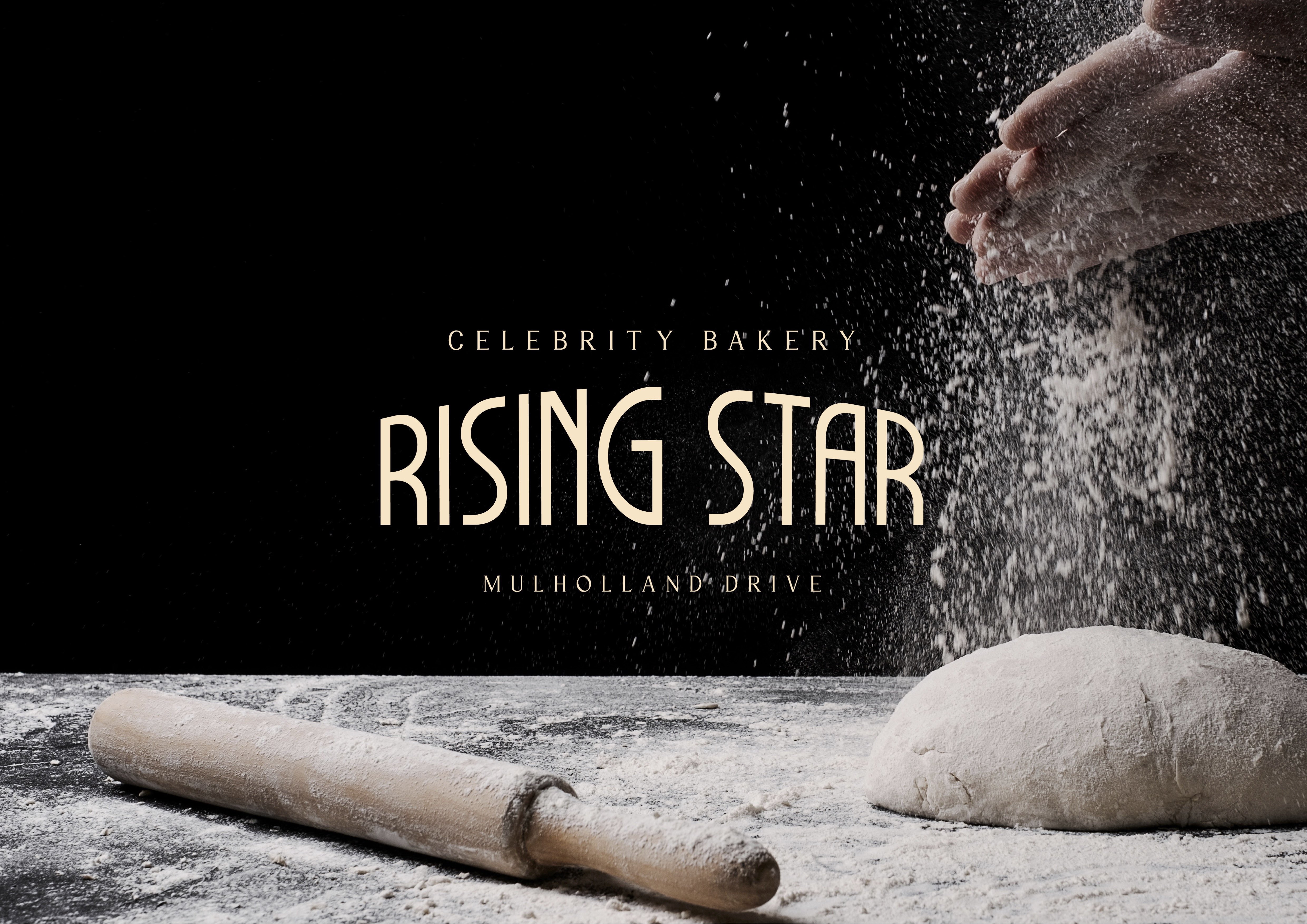 Rising Star bakery logo by Thea Reeder. An art deco style typeface reads Rising Star, with a secondary typeface reading "celebrity bakery" and "Mulholland Drive".