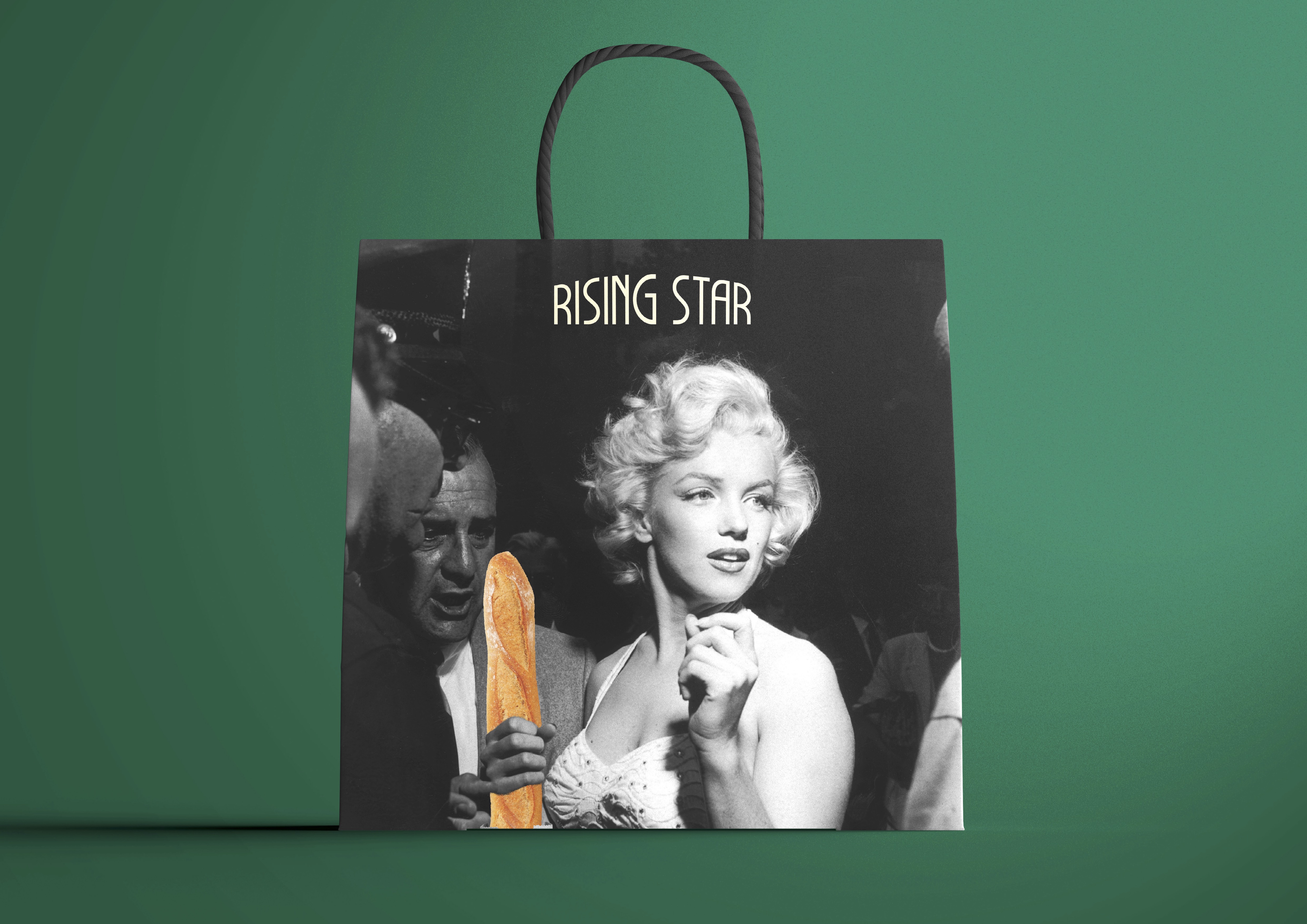 Rising Star Bakery bag by Thea Reeder. Featuring Marilyn Monroe, a baguette and the rising star logo.