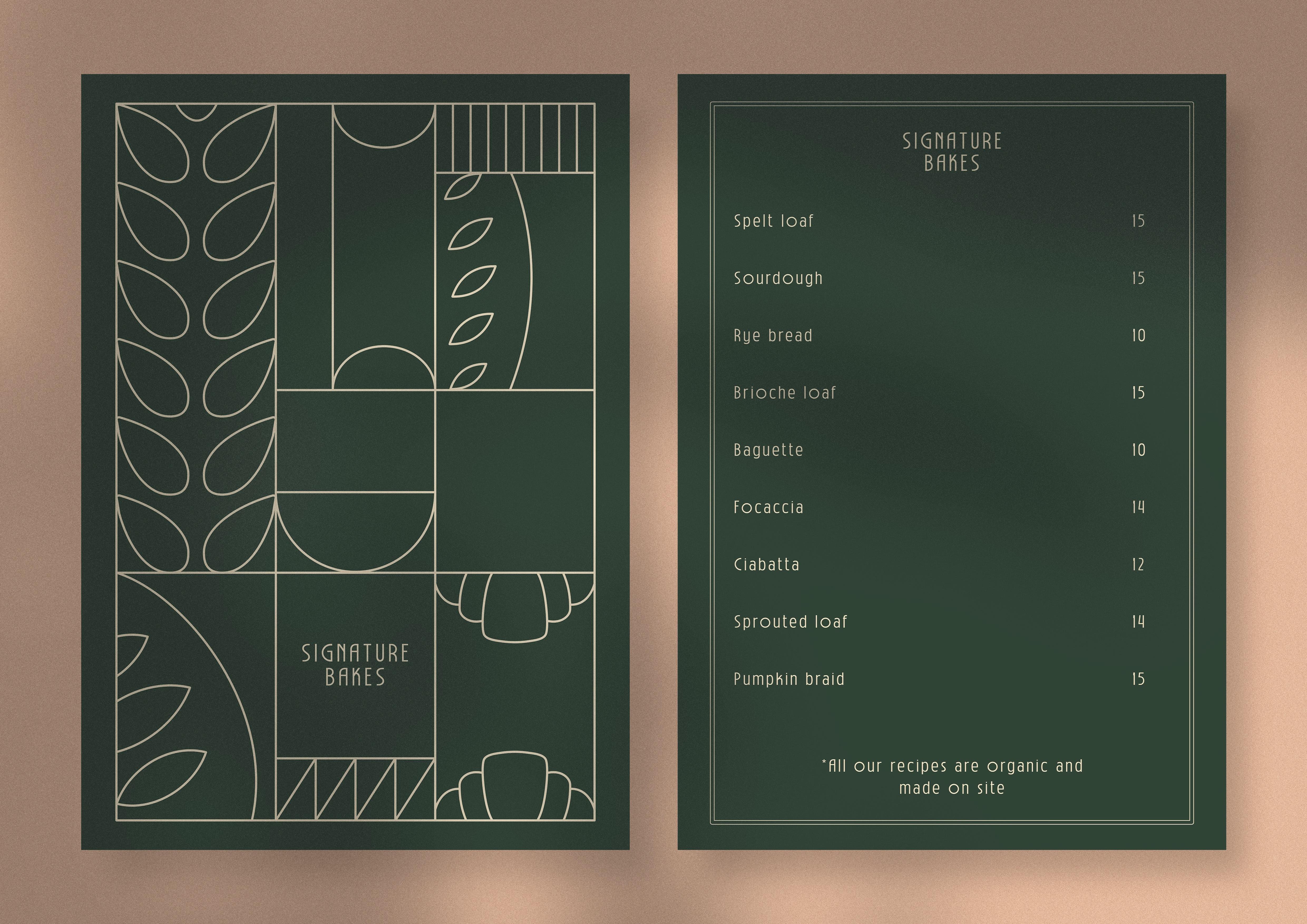 Rising Star Bakery menu in forest green, featuring an Art Deco pattern and typeface, in cream.