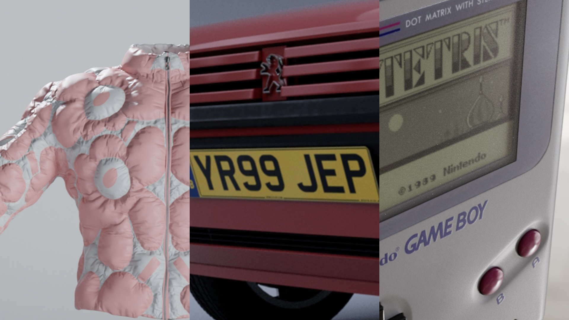 This image shows the three 3D models created by Tom Ambrose for their final major project including a pink and white puffer jacket, a game boy and a red car.
