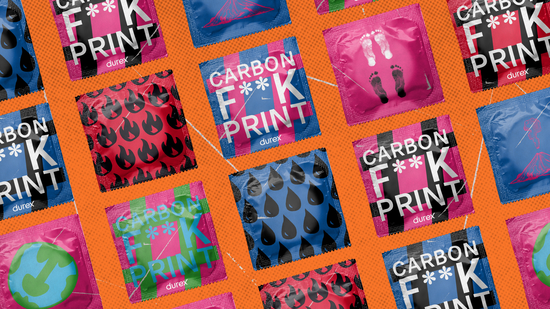 Graphic Design work showing the #CarbonF**kprint range of condoms.