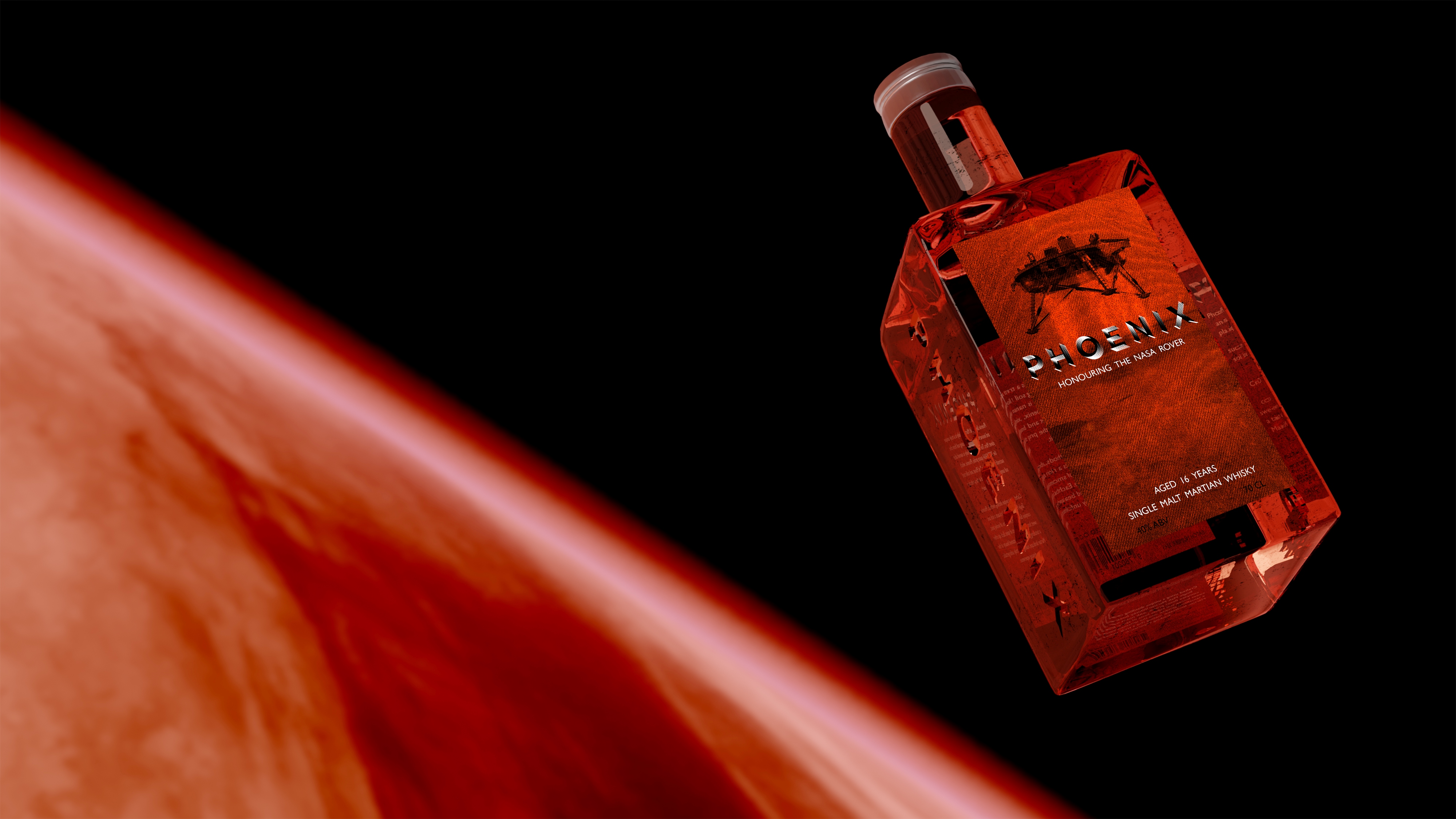 A red square bottle of Phoenix shown hovering above the Red Planet.