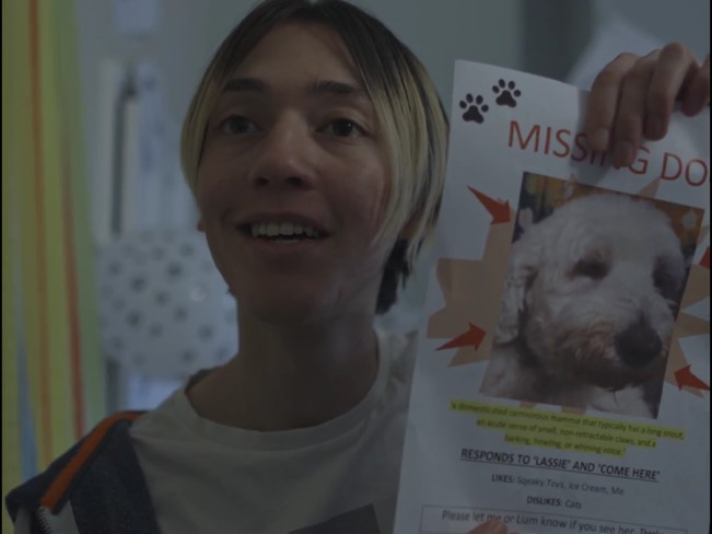 Still from the film Man's Best Friend showing Mark present his homemade missing dog posters.