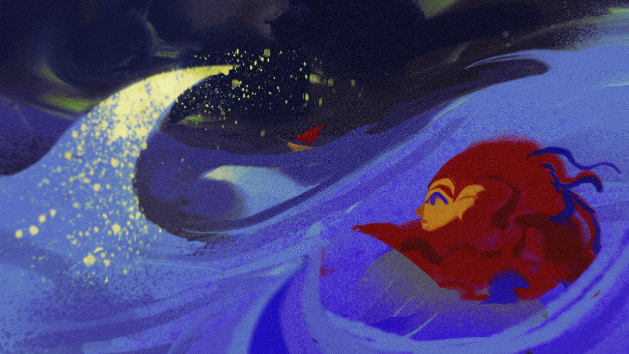 A style frame for the short film 'Seal of Approval', depicting a lone selkie with vibrant red hair floating in stormy ocean waves, carefully watching a red-sailed ship in the distance.