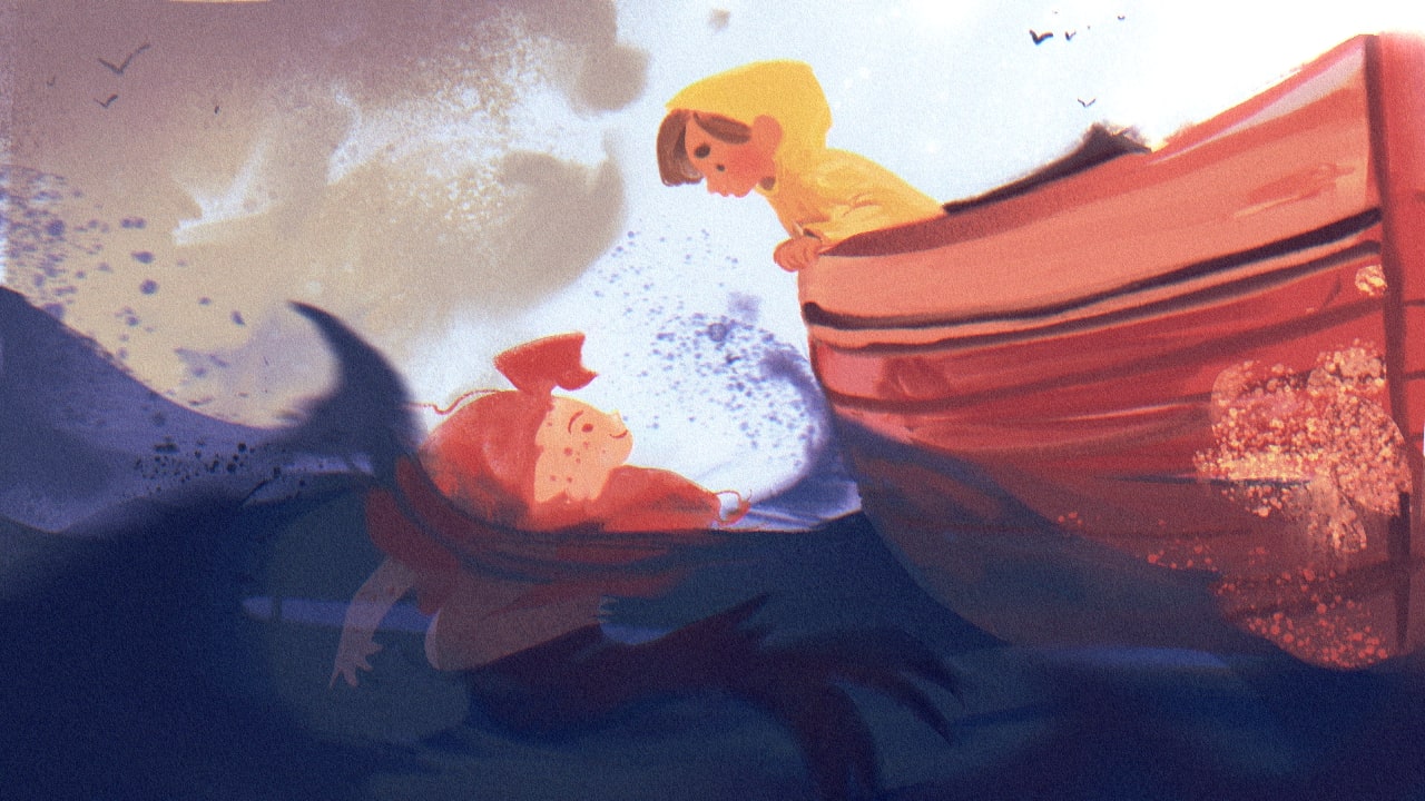 Callum, the main character in 'Seal of Approval', leans out of his grandfather's fishing boat to peer down at Nimue, the red-haired selkie in the water. Callum wears a vibrant yellow rain jacket and there are clouds and sea birds in the sky.