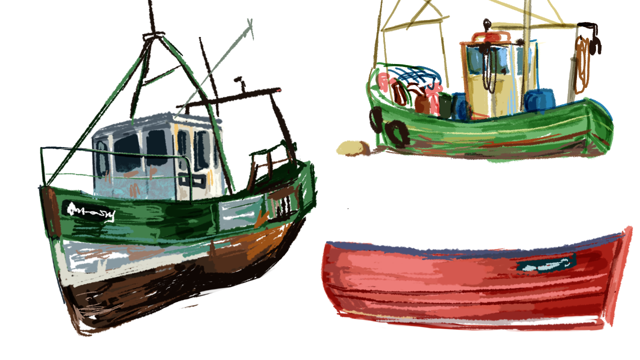 Three boat paintings on a white background.