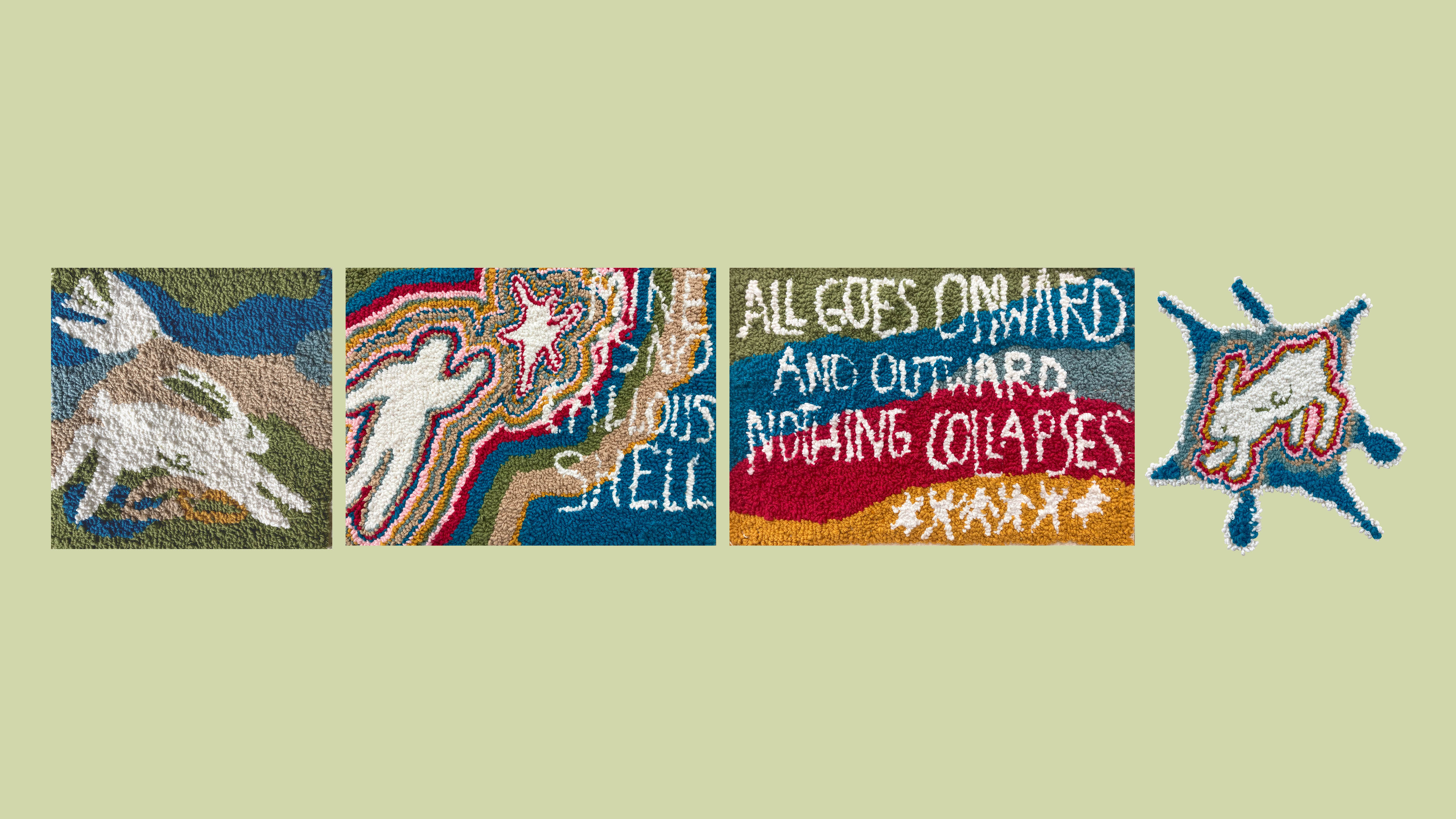 Four punch-needle rugs by Victoria Reeves in various formats showing abstract shapes and figures, combined with quotes from Whitman's 1855 poem Song of Myself.
