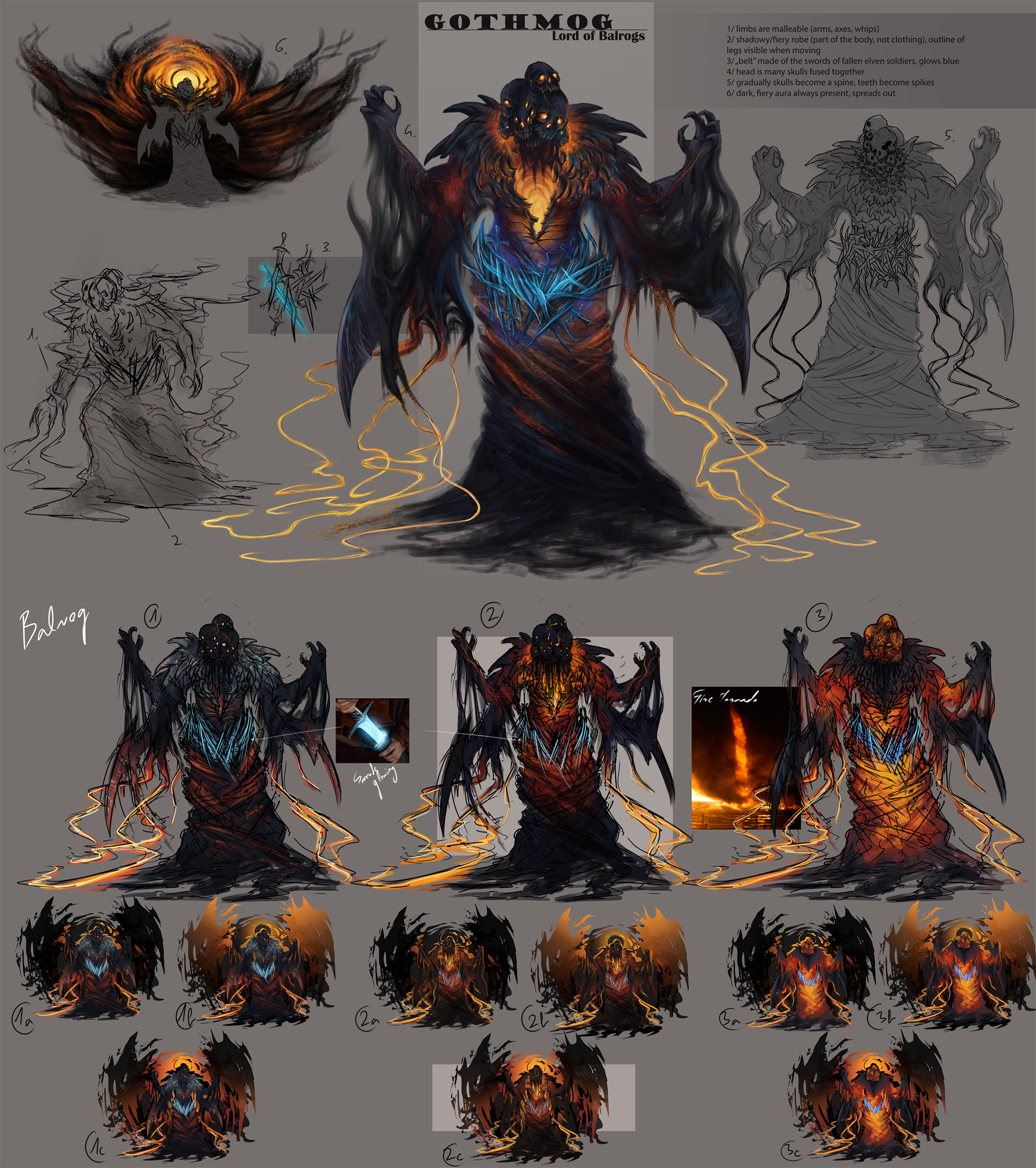 Character sheet depicting a humanoid creature. It's black with skulls fused together as its head, fiery eyes and chest, malleable limbs, and a lower body made of smoke.