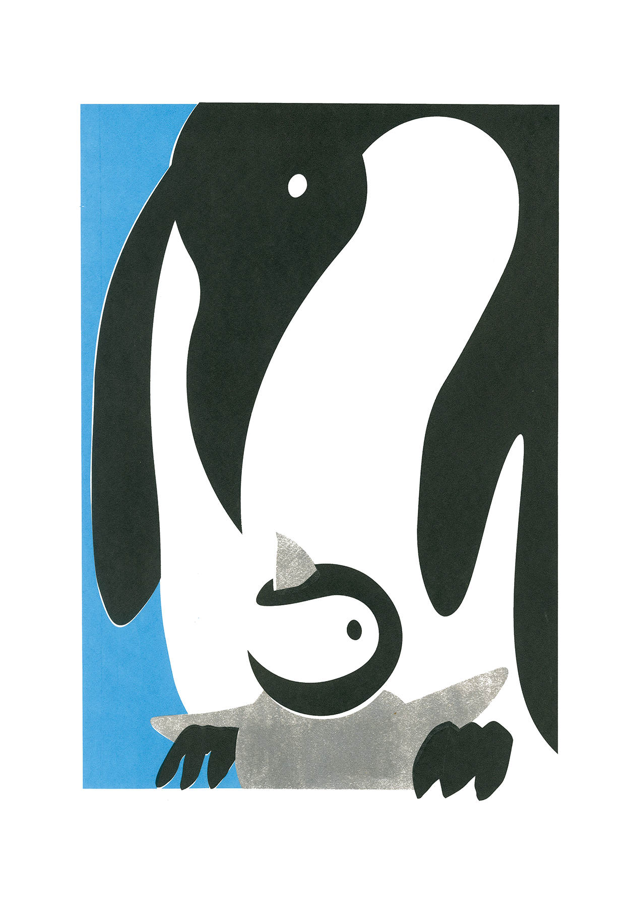 A Screen Print, by William Goldsmith, depicting a father penguin nurturing their young chick.