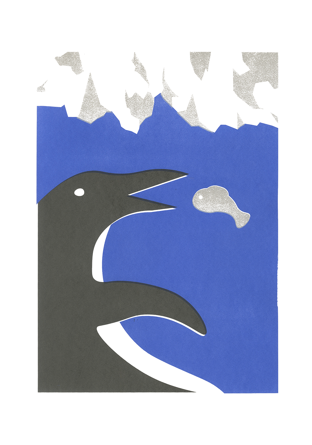 A Screen Print, by William Goldsmith, depicting a mother penguin, catching fish to feed to her young.