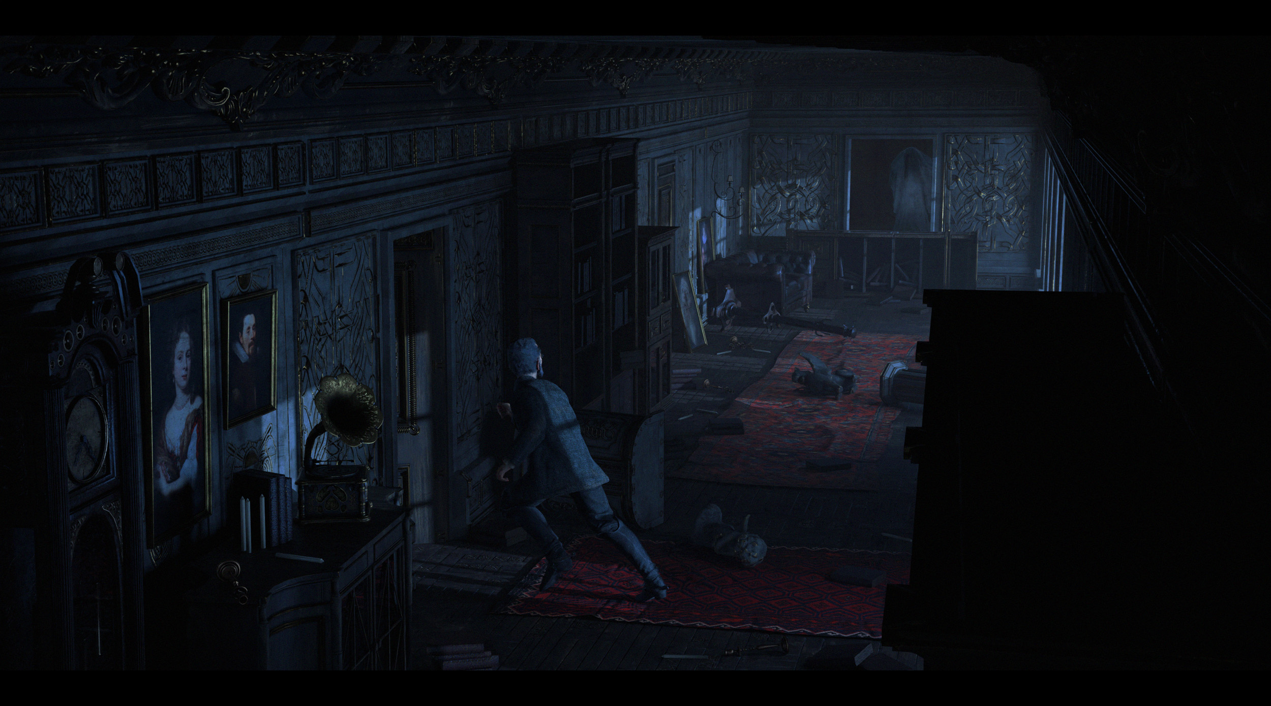 Digital illustration of a chase scene showing the main character running away from an evil spirit in a mansion hallway.
