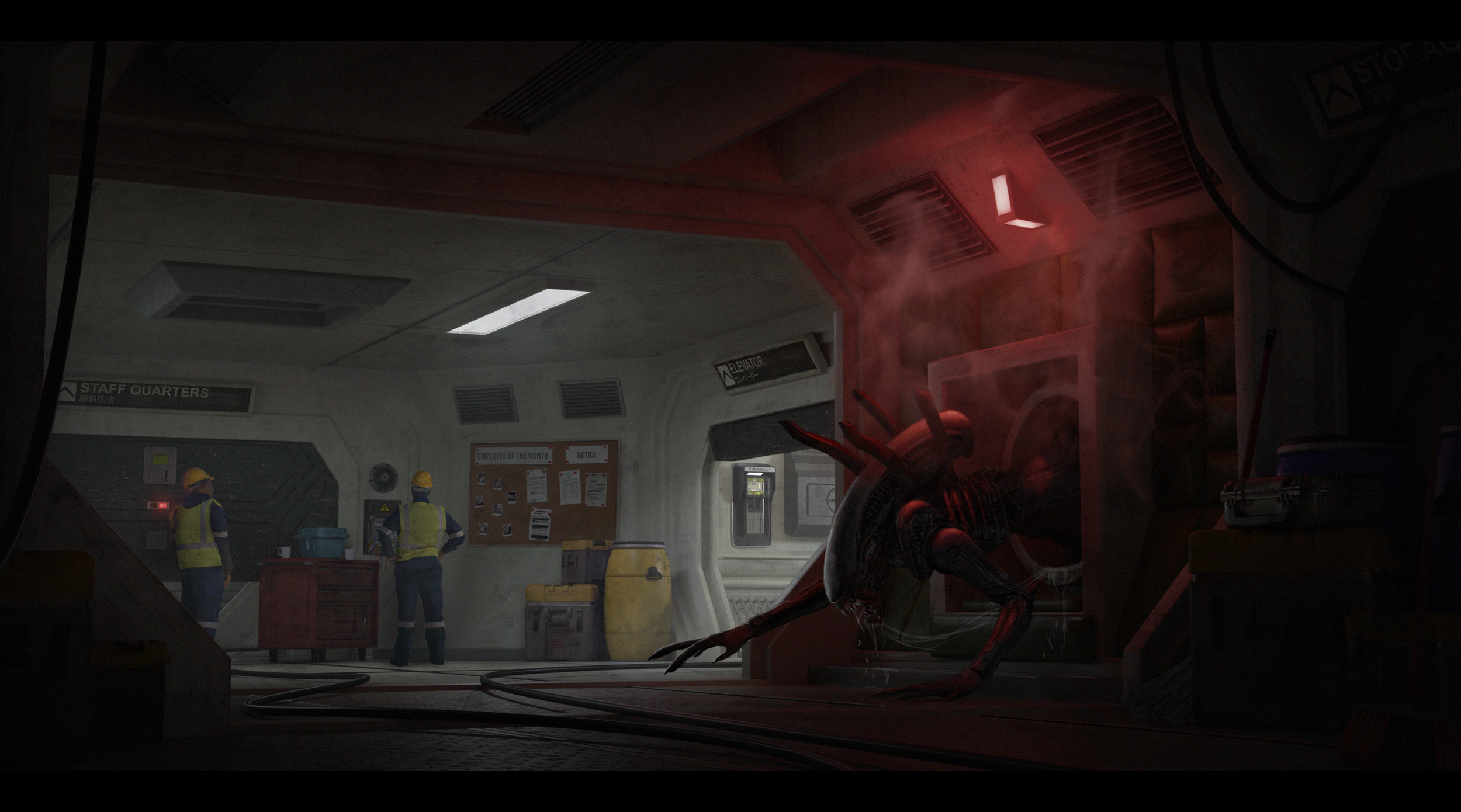 Digital illustration of an alien crawling out of a vent, about to ambush unsuspecting engineers fixing a broken door.
