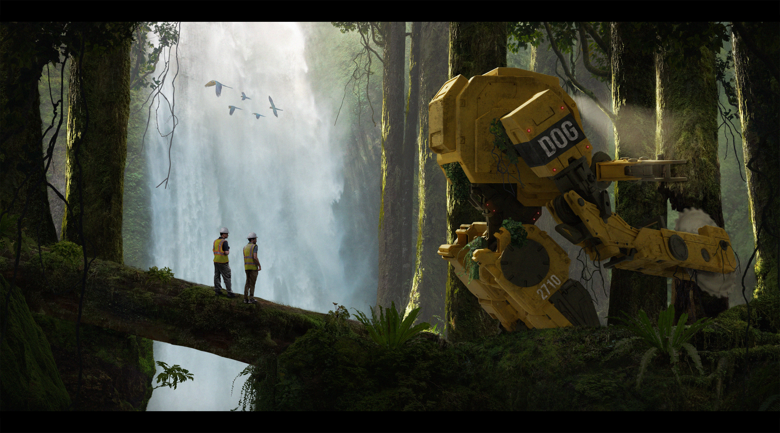 Digital illustration of two industrial workers observing one of their mechs cutting down an overgrown tree in a rainforest.