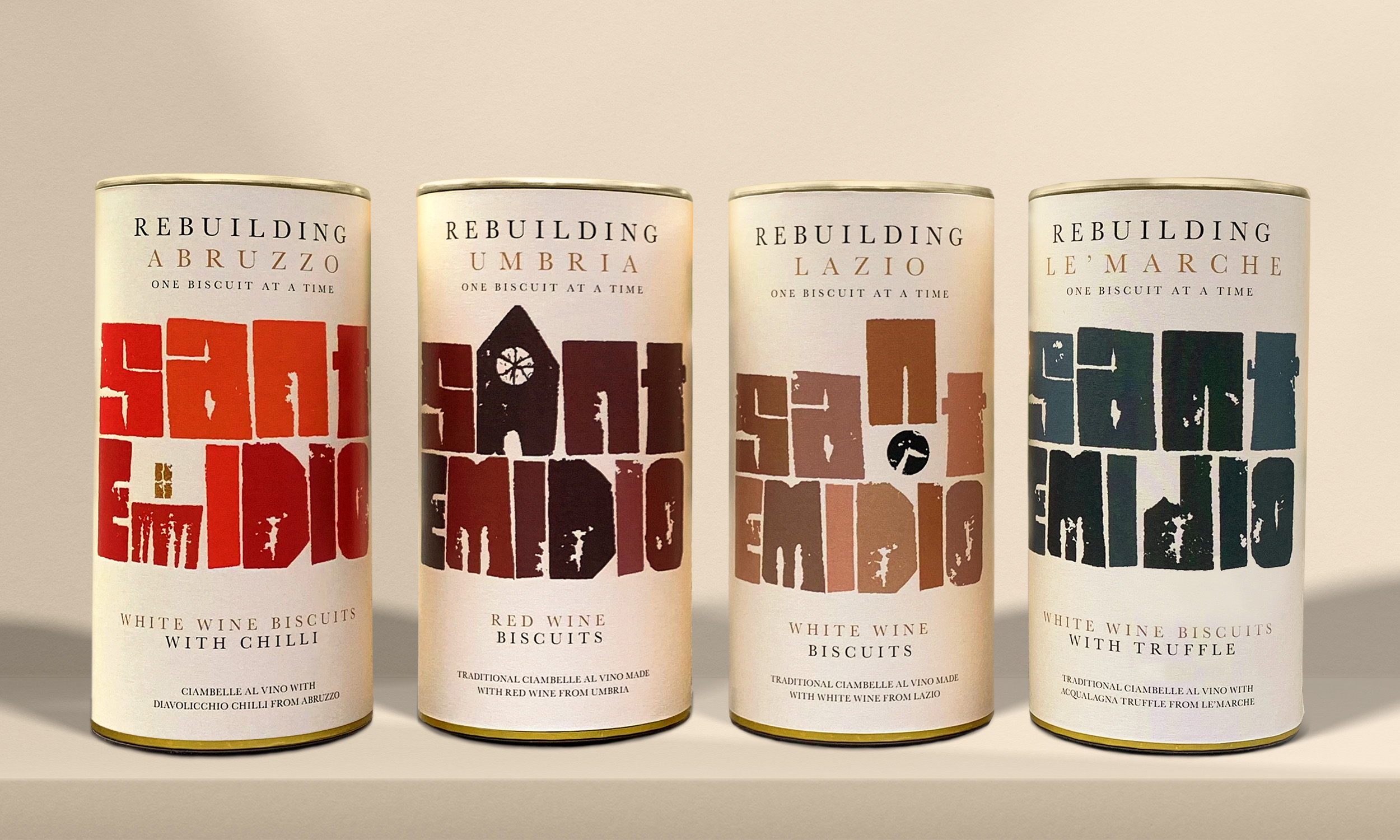 Mock up of Sant Emilio branding on four cylinders. The branding of Sant Emidio wine biscuits features handcrafted typography, referencing Central Italian architecture. The buildings on each pack reflect areas of Italy that are under reconstruction, following the earthquakes that shocked the country in 2016.
