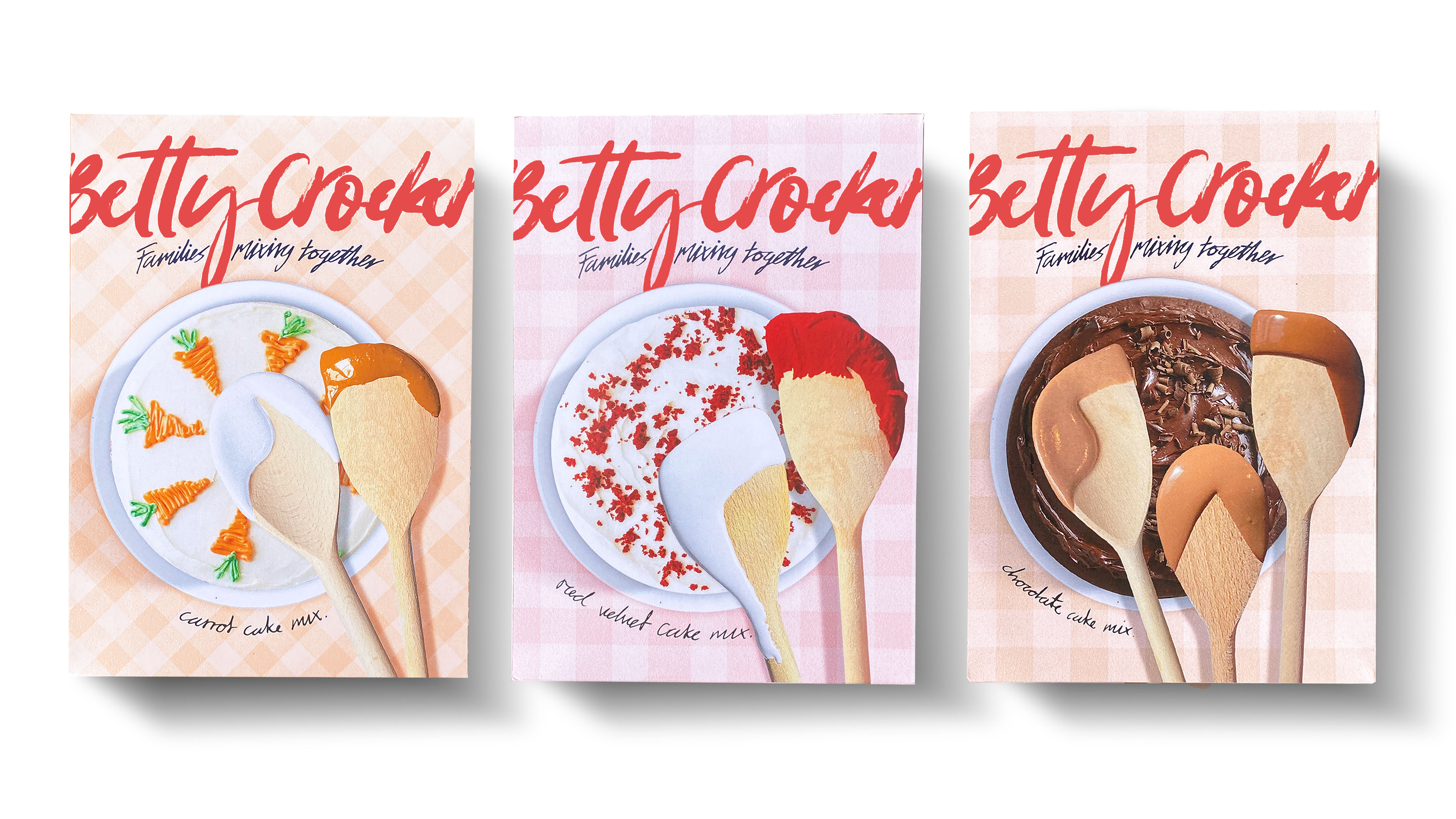 A Redesign of Betty Crocker's brand and packaging. The packaging shows different coloured gingham backgrounds, with a centred image of each cake, and characterful spoons, with hairstyles made from the cake mixture.