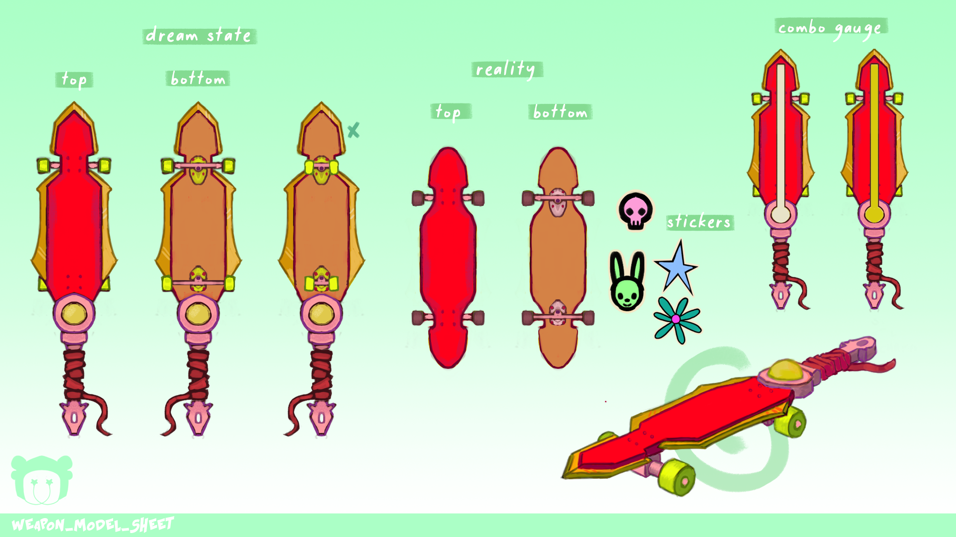 Model Sheet by Zel Hallam, depicting the final designs of a makeshift skateboard sword. As well as, sticker concepts and a combo gauge concept.
