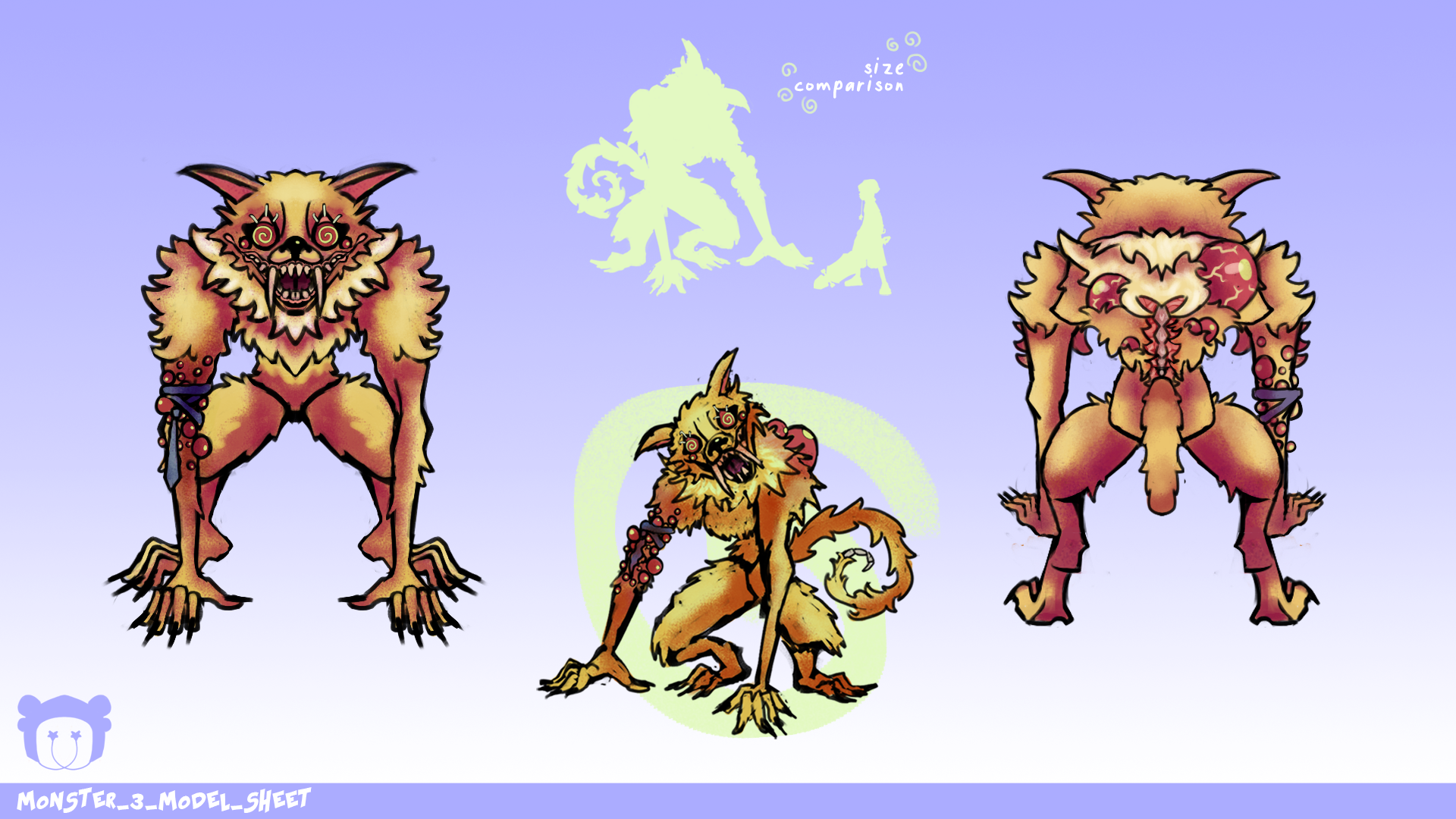 Model Sheet by Zel Hallam, depicting the final design of the yellow, fox-like monster.